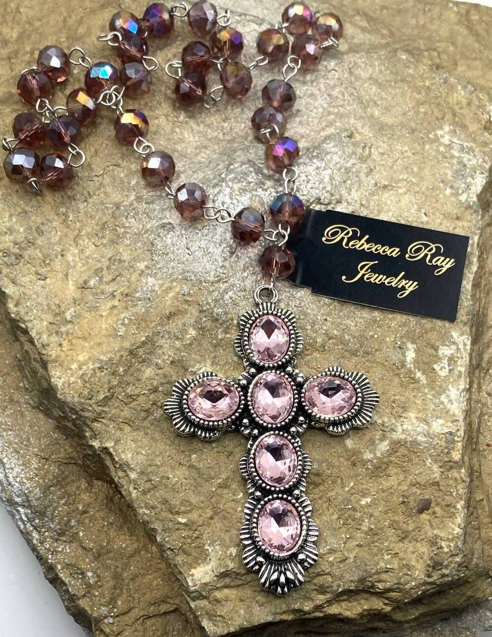 NEW REBECCA RAY JEWELRY women's crystal cross charm necklace in pink